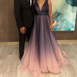 Mac Duggal 20221 Sleeveless Ombré Tulle Ball Gown Size 6 Indigo Ombré